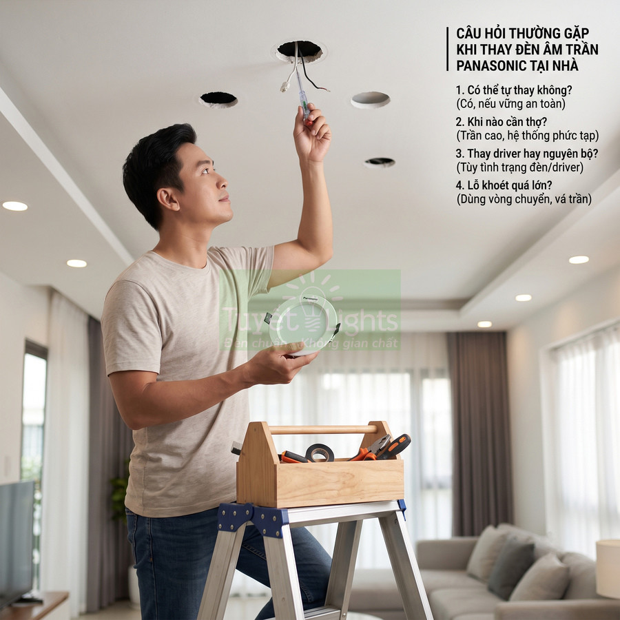 Người đàn ông đứng trên thang thay đèn âm trần Panasonic trong phòng khách hiện đại