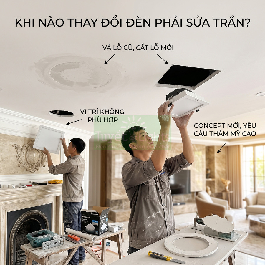 Thợ điện lắp đèn âm trần Panasonic mới, vá trần và cắt lỗ đèn trong phòng khách hiện đại