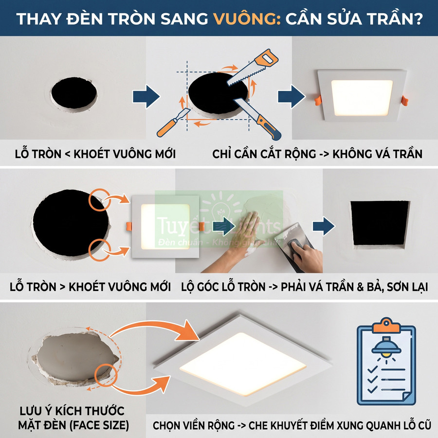 Hướng dẫn thay đèn âm trần tròn sang đèn âm trần vuông và xử lý lỗ khoét trên trần nhà
