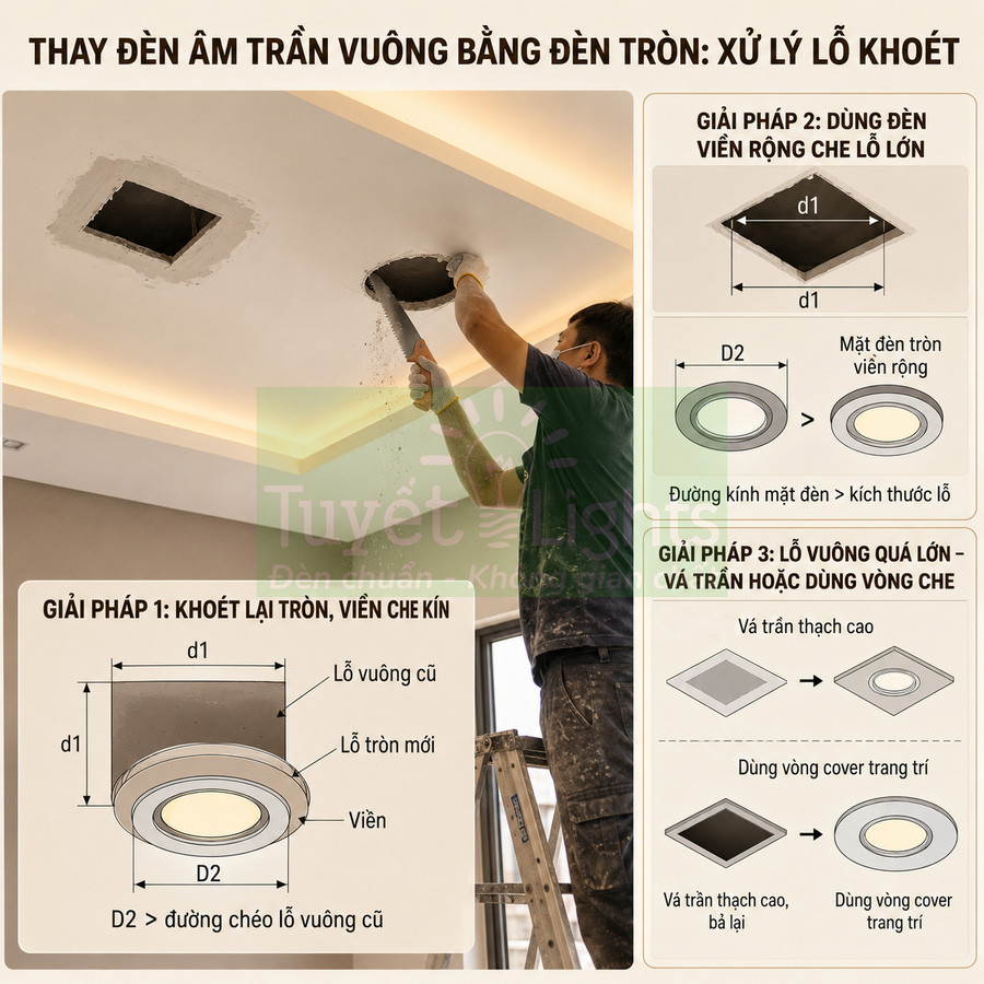 Hướng dẫn thay đèn âm trần vuông bằng đèn tròn với các giải pháp xử lý lỗ khoét trên trần nhà