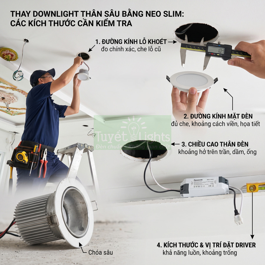 Thợ điện lắp đặt đèn downlight âm trần mỏng Neo Slim Tuyết Lights thay cho đèn thân sâu cũ