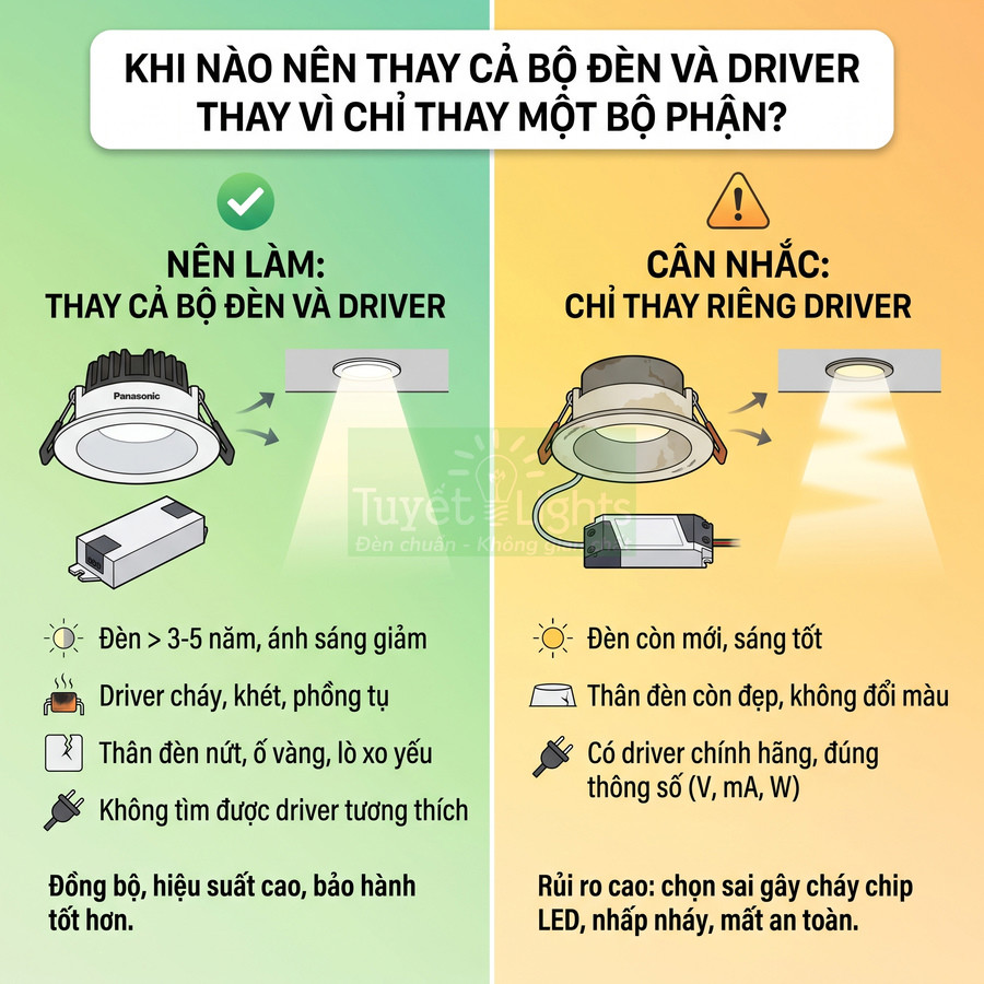 So sánh thay cả bộ đèn âm trần Panasonic và driver với chỉ thay driver cho đèn LED âm trần