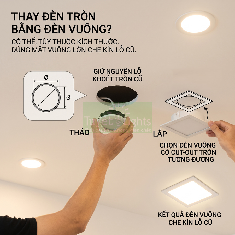 Hướng dẫn thay đèn âm trần tròn bằng đèn vuông LED che kín lỗ khoét tròn cũ trên trần nhà