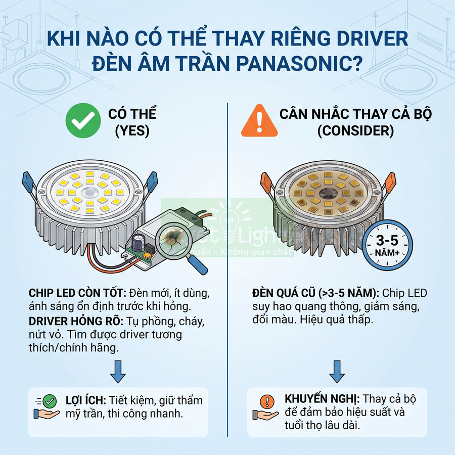 Hướng dẫn thay driver đèn âm trần Panasonic, so sánh đèn mới còn tốt và đèn cũ nên thay cả bộ
