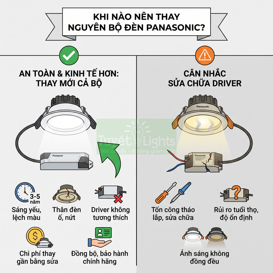 So sánh thay mới trọn bộ đèn LED âm trần Panasonic với sửa driver, nêu ưu điểm an toàn và kinh tế