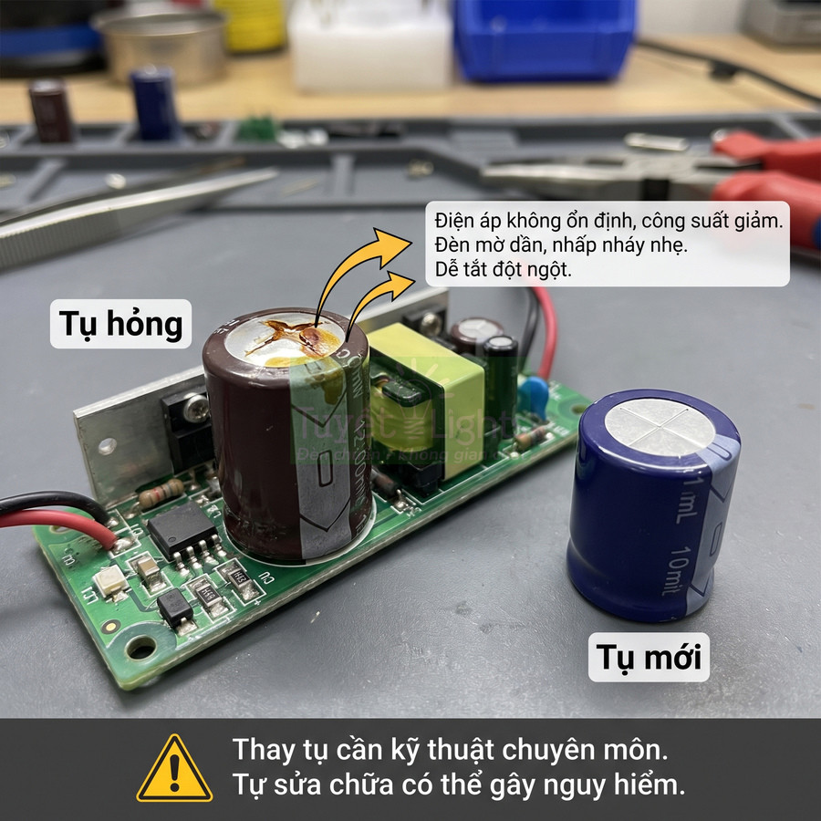 Tụ điện hỏng trên mạch nguồn và tụ điện mới đặt cạnh để thay thế, cảnh báo cần kỹ thuật viên chuyên môn