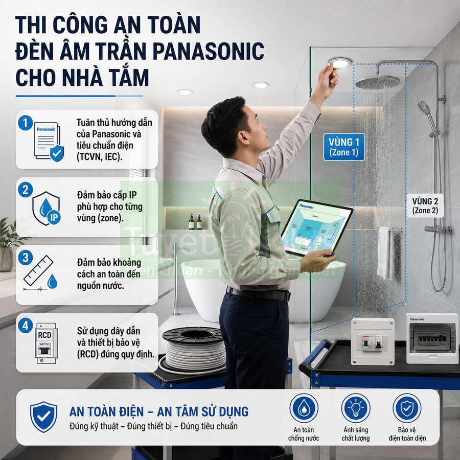 Kỹ thuật viên lắp đặt đèn âm trần Panasonic chống nước trong phòng tắm hiện đại