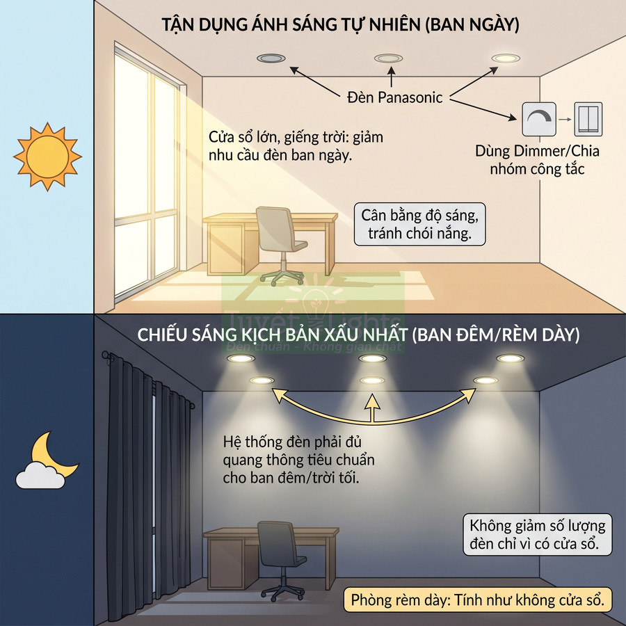 Minh họa phòng làm việc dùng đèn âm trần Panasonic kết hợp ánh sáng tự nhiên và hệ thống chiếu sáng ban đêm