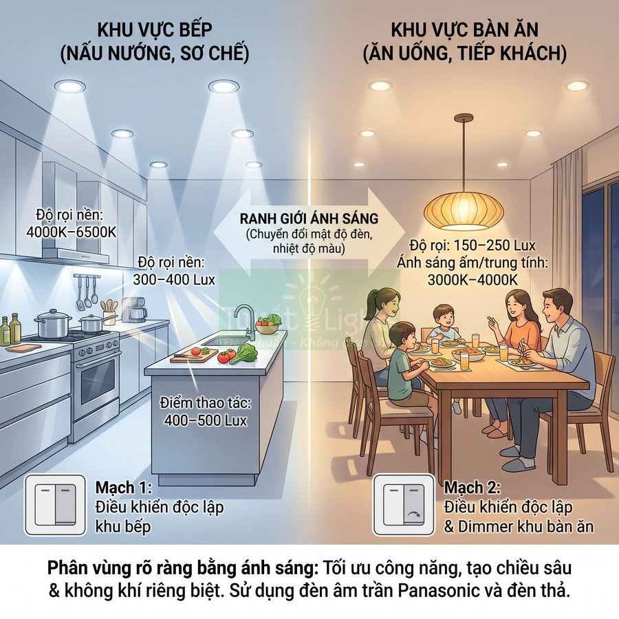 Minh họa bố trí đèn âm trần Panasonic cho khu bếp và bàn ăn gia đình với hai mạch điều khiển độc lập