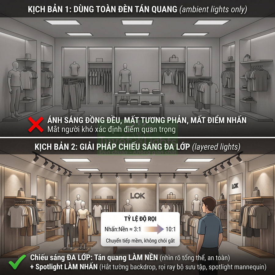 So sánh cửa hàng thời trang dùng đèn tán quang và giải pháp chiếu sáng đa lớp với spotlight làm nổi bật sản phẩm