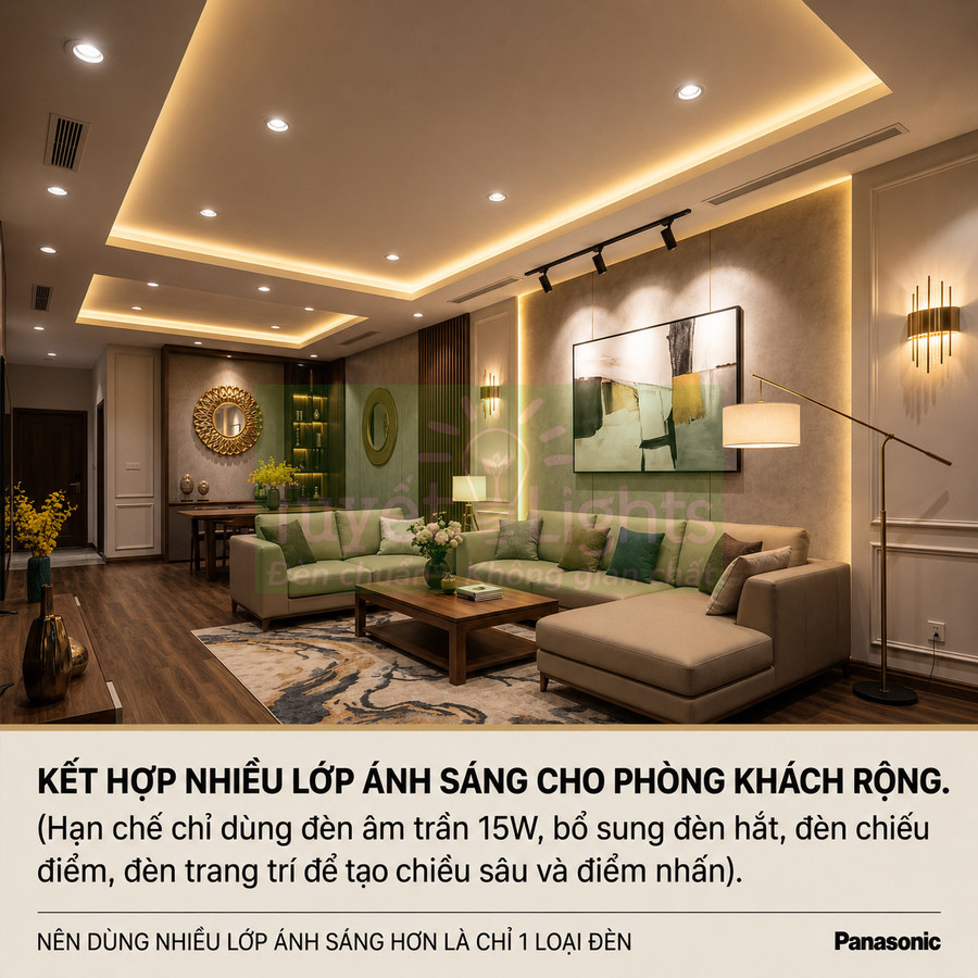 Phòng khách rộng dùng nhiều lớp đèn Panasonic âm trần, đèn hắt, đèn trang trí tạo ánh sáng ấm và điểm nhấn nội thất