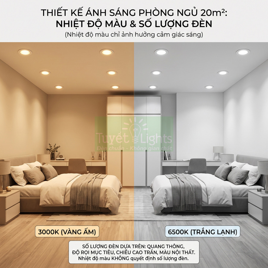 So sánh ánh sáng đèn âm trần Tuyết Lights 3000K vàng ấm và 6500K trắng lạnh trong phòng ngủ 20m2