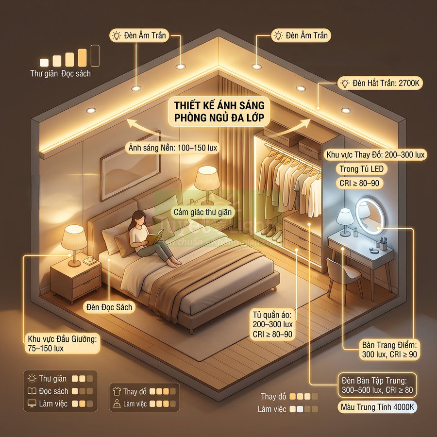 Thiết kế ánh sáng phòng ngủ đa lớp với đèn âm trần, đèn đầu giường, đèn tủ quần áo và bàn trang điểm ấm áp