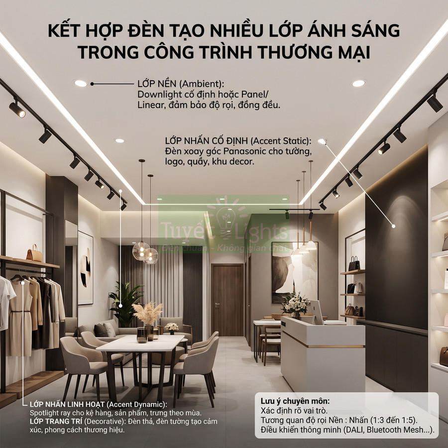 Hệ thống đèn ray và downlight Panasonic chiếu sáng nhiều lớp cho cửa hàng thời trang hiện đại