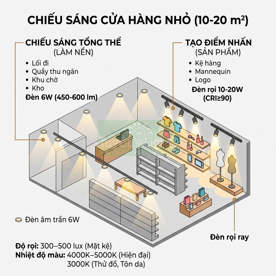 Sơ đồ bố trí đèn âm trần và đèn rọi ray chiếu sáng cửa hàng nhỏ 10 đến 20 mét vuông