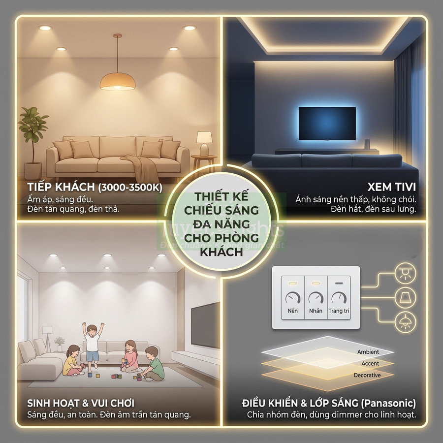 Thiết kế chiếu sáng phòng khách đa năng với đèn âm trần, đèn thả và công tắc dimmer Panasonic