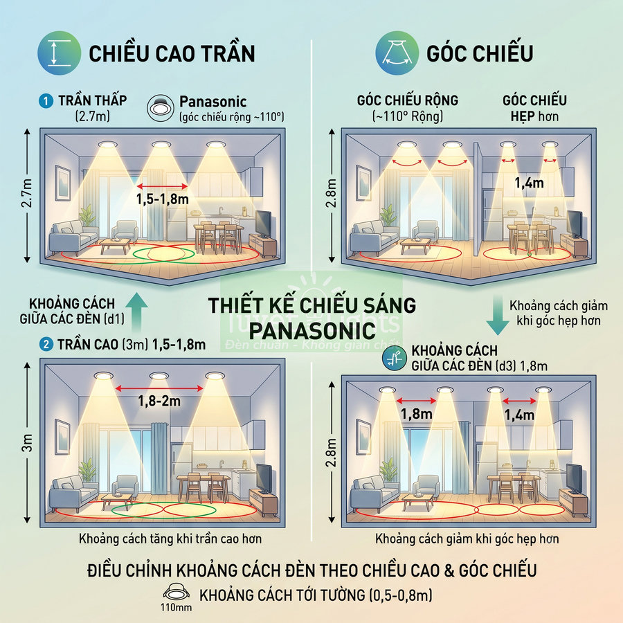 Hướng dẫn bố trí đèn âm trần Panasonic theo chiều cao trần và góc chiếu trong phòng khách hiện đại