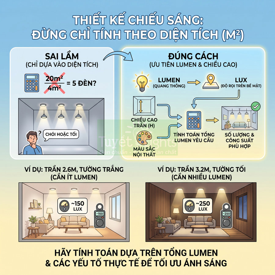 Infographic hướng dẫn thiết kế chiếu sáng trong phòng khách dựa trên lumen, lux, chiều cao trần và màu sắc nội thất