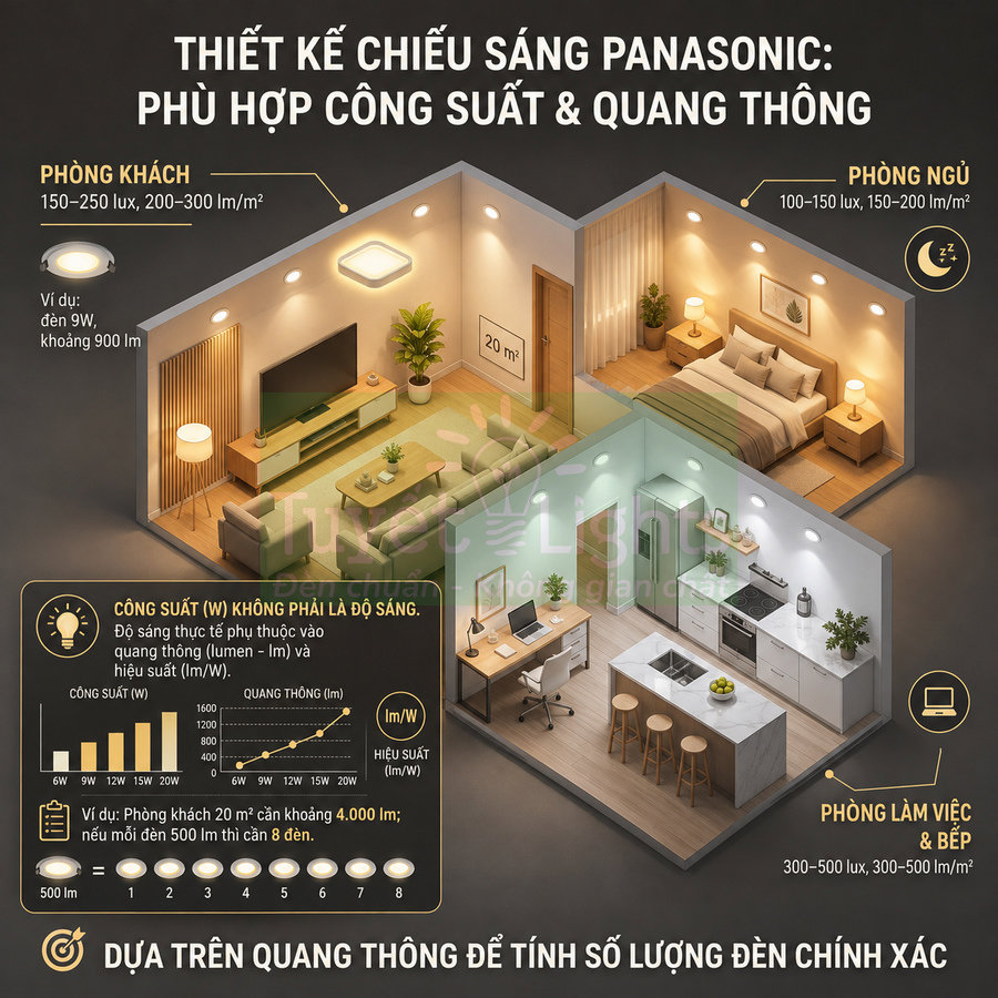 Thiết kế chiếu sáng Panasonic cho phòng khách, phòng ngủ, bếp và phòng làm việc trong căn hộ hiện đại