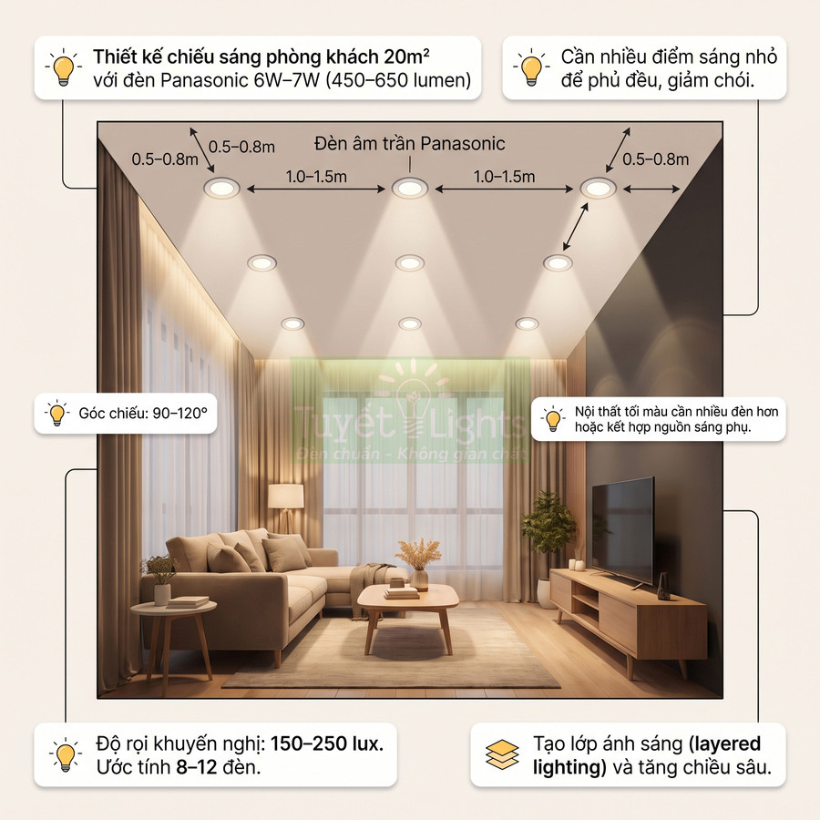 Thiết kế chiếu sáng phòng khách 20m2 với đèn âm trần Panasonic 6W 7W phân bố đều trên trần