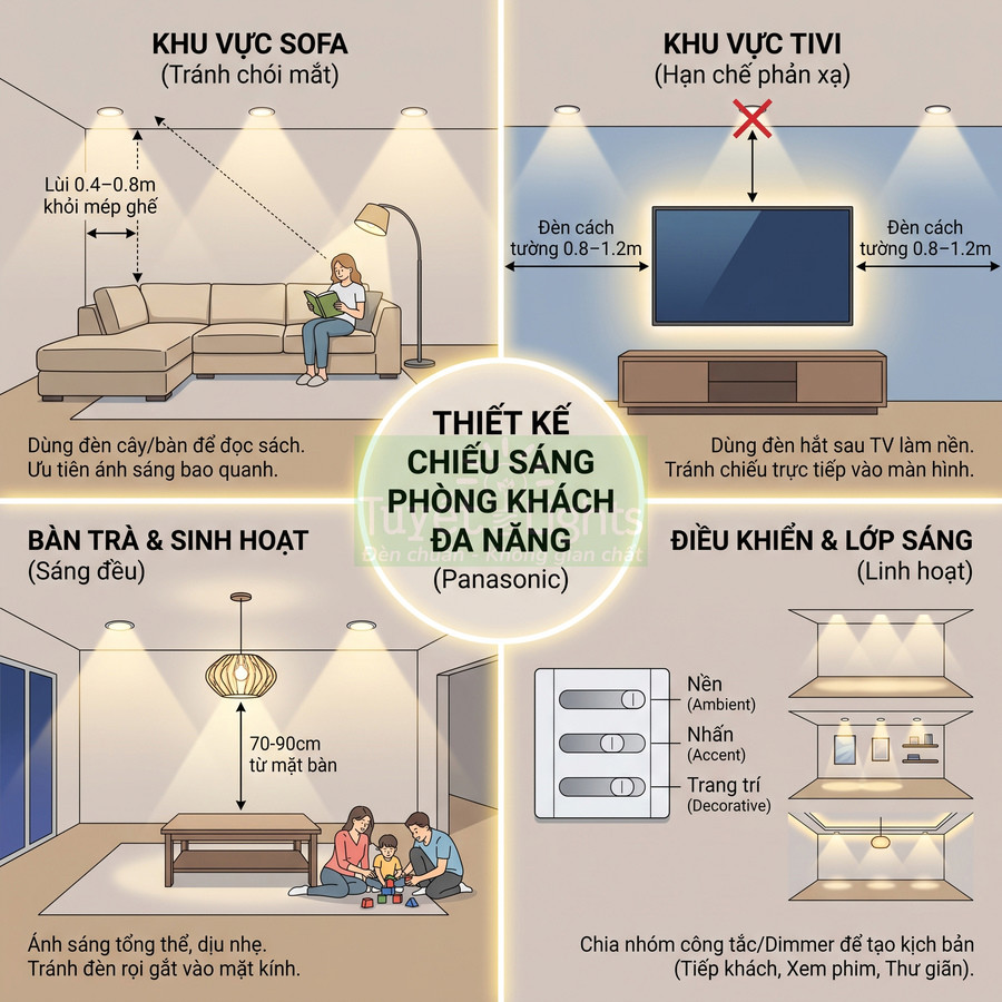 Infographic hướng dẫn thiết kế chiếu sáng phòng khách đa năng với đèn Panasonic cho sofa, tivi, bàn trà và điều khiển dimmer
