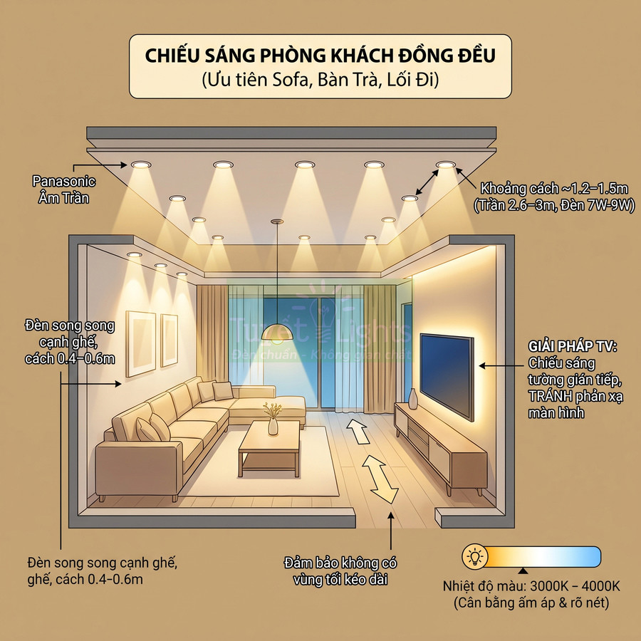Sơ đồ bố trí đèn âm trần Panasonic chiếu sáng phòng khách đồng đều với sofa, bàn trà và kệ TV