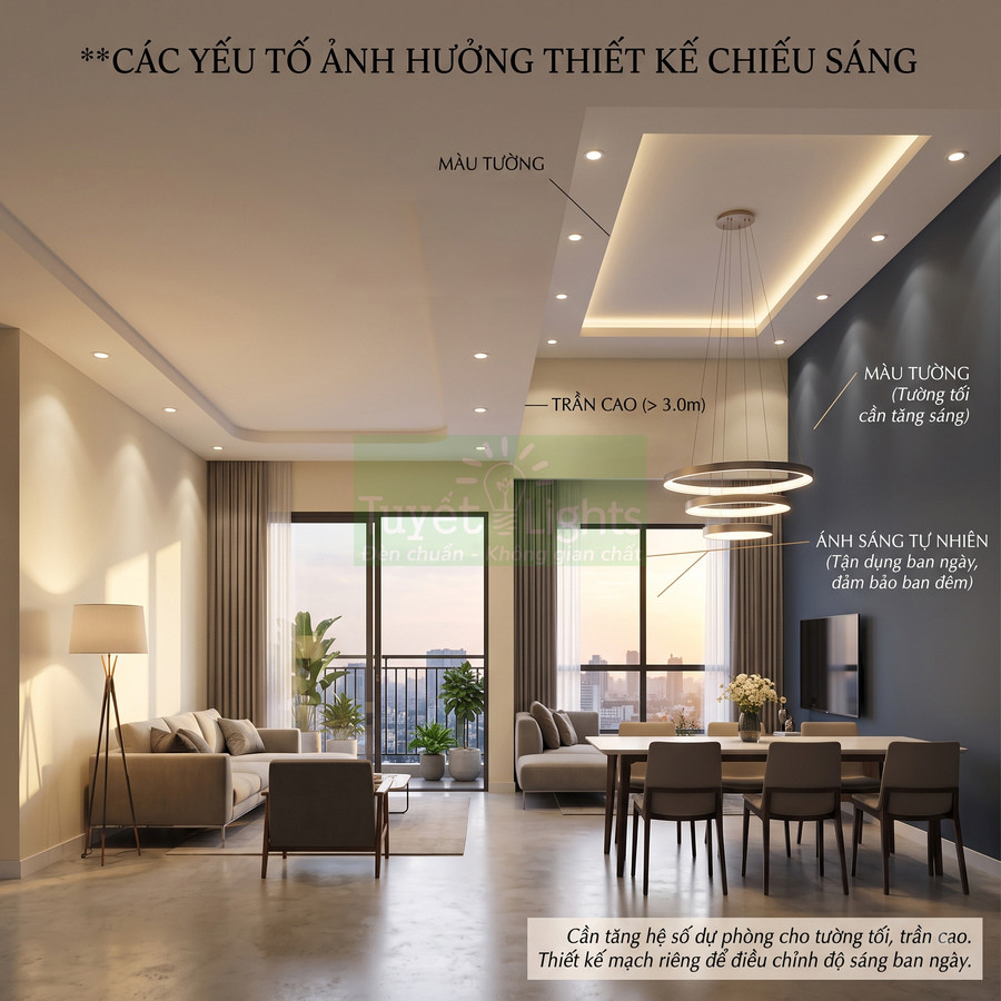 Phòng khách hiện đại với đèn trần Tuyết Lights, ánh sáng tự nhiên lớn và nội thất sofa bàn ăn sang trọng