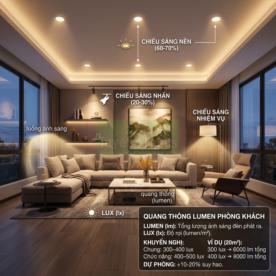 Phòng khách hiện đại với hệ thống đèn LED chiếu sáng nền, chiếu sáng nhấn và đèn sàn nhiệm vụ