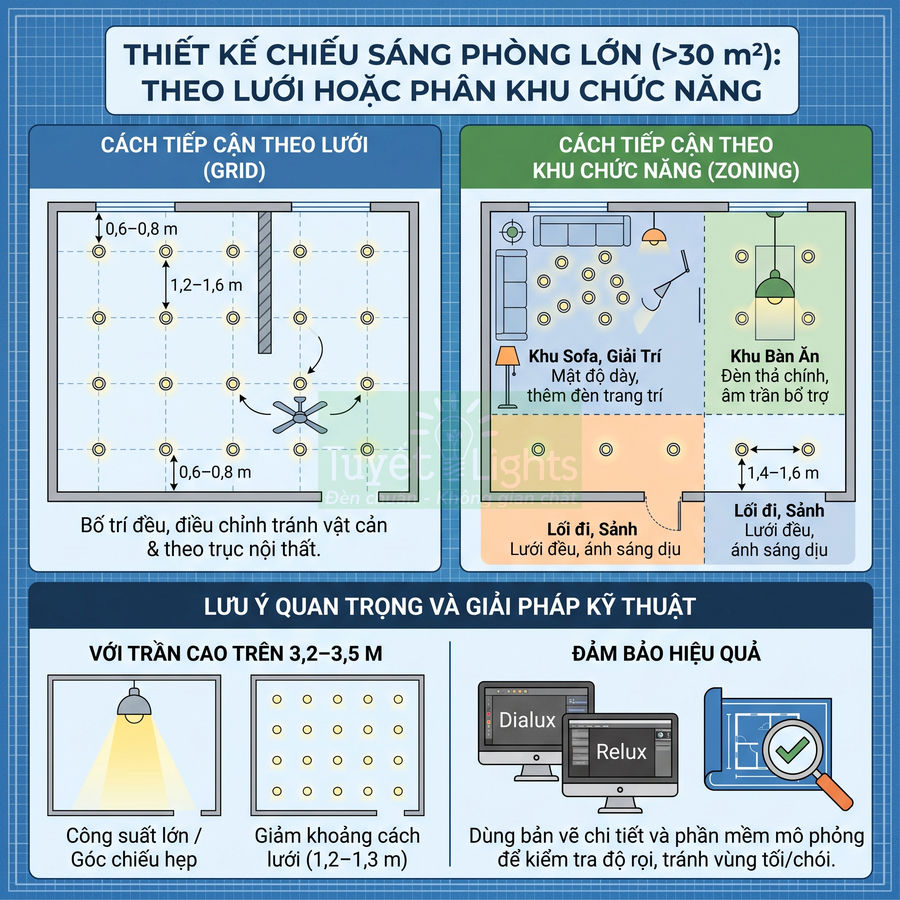 Infographic hướng dẫn thiết kế chiếu sáng phòng khách lớn theo lưới và phân khu chức năng