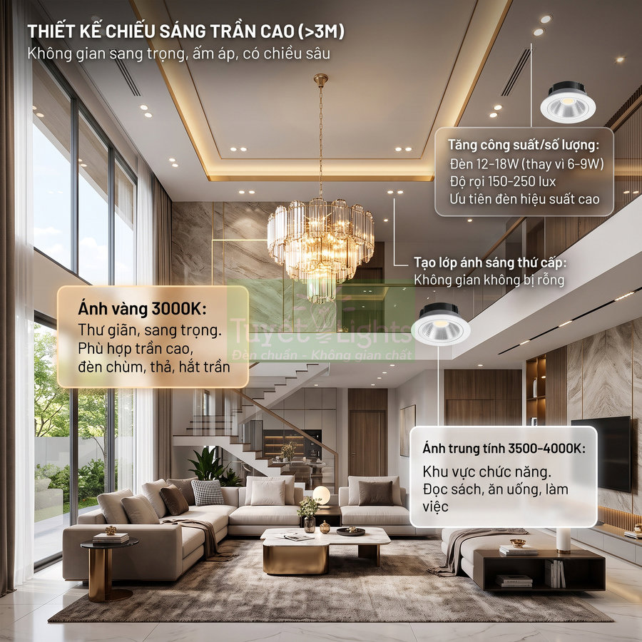 Phòng khách trần cao sang trọng với đèn chùm lớn và đèn downlight âm trần ánh sáng vàng và trung tính