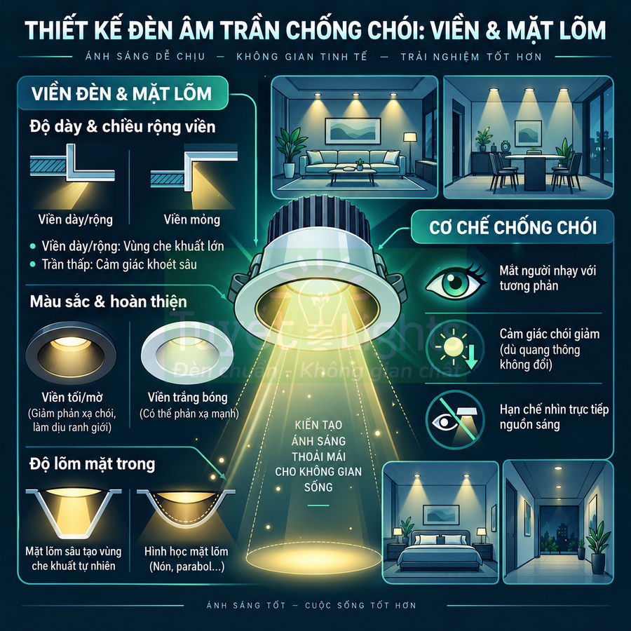 Đèn âm trần chống chói viền và mặt lõm chiếu sáng phòng khách, phòng ngủ, hành lang hiện đại