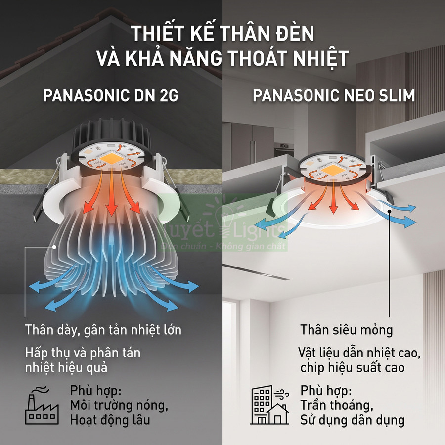 So sánh thiết kế tản nhiệt đèn âm trần Panasonic DN 2G và Panasonic Neo Slim trong trần nhà