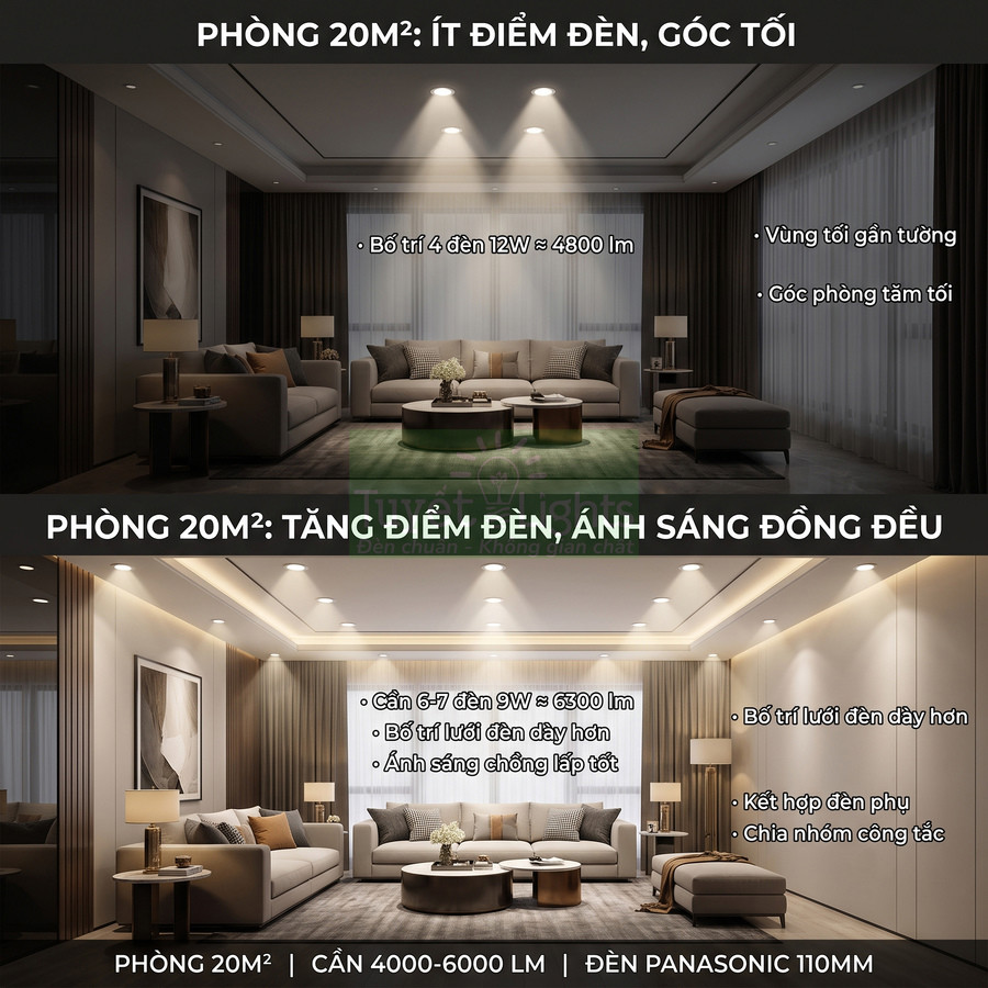 So sánh phòng khách 20m2 dùng đèn âm trần Panasonic 110mm với ít đèn và nhiều đèn cho ánh sáng đều