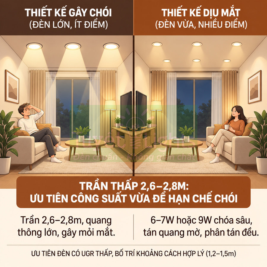 So sánh phòng khách dùng đèn âm trần công suất lớn gây chói và đèn âm trần công suất vừa ánh sáng dịu mắt