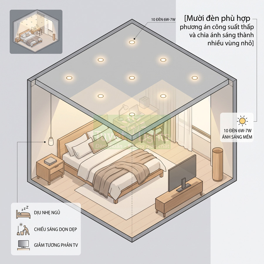 Phòng ngủ hiện đại sử dụng 10 đèn led âm trần 6W 7W ánh sáng vàng dịu chiếu sáng đều khắp không gian