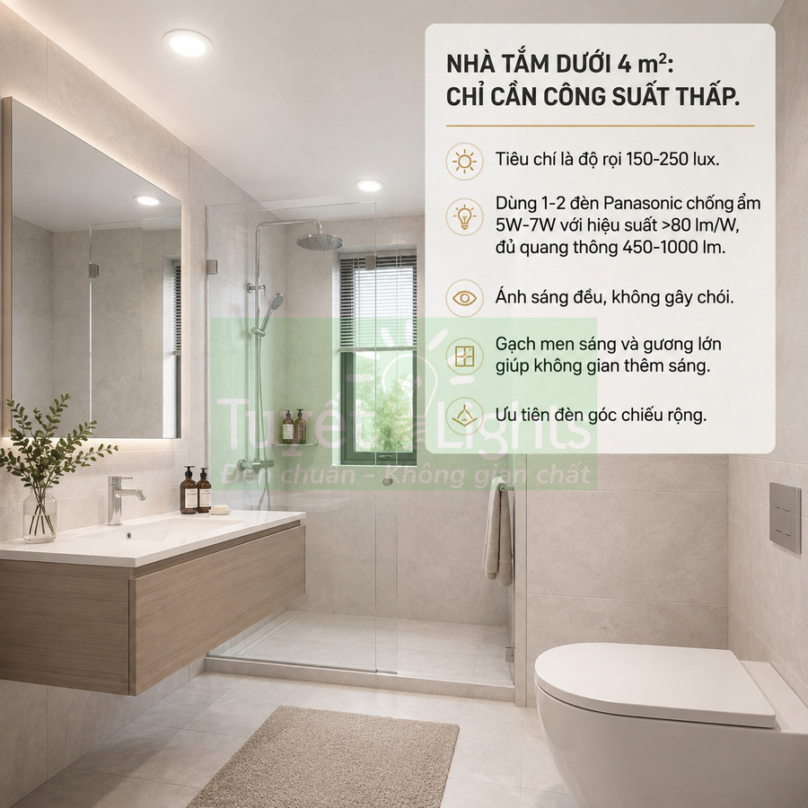 Nhà tắm nhỏ hiện đại dùng đèn LED âm trần Panasonic chống ẩm ánh sáng trắng dịu, gạch men sáng và gương lớn