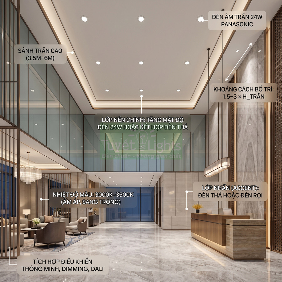 Sảnh lễ tân khách sạn trần cao lắp đèn âm trần Panasonic 24W và đèn thả trang trí hiện đại