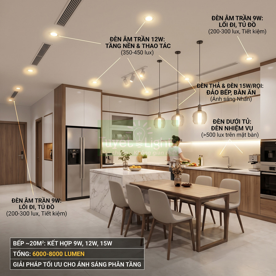 Hệ thống đèn LED âm trần và đèn thả trang trí chiếu sáng phòng bếp hiện đại với đảo bếp và bàn ăn gỗ