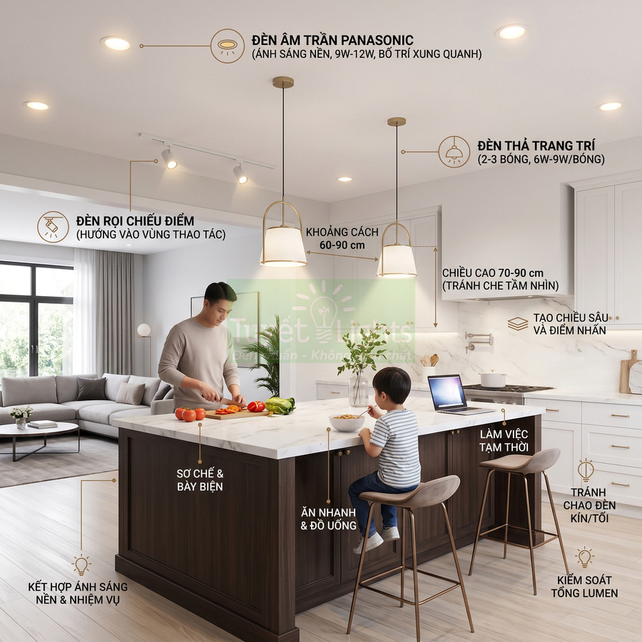 Thiết kế chiếu sáng bếp với đèn âm trần Panasonic, đèn rọi chiếu điểm và đèn thả trang trí trên đảo bếp hiện đại