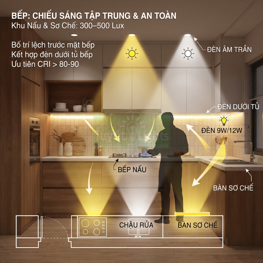 Thiết kế chiếu sáng bếp với đèn âm trần, đèn dưới tủ và đèn 9W 12W tập trung cho bếp nấu, chậu rửa, bàn sơ chế