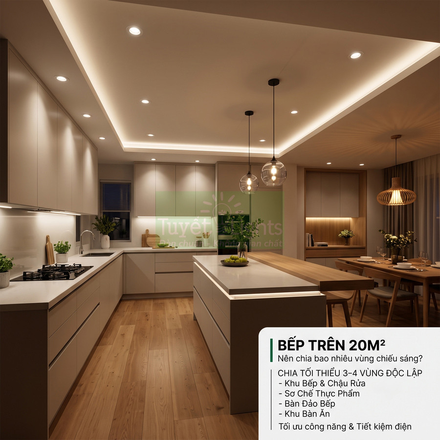 Không gian bếp hiện đại trên 20m2 với đảo bếp, tủ bếp gỗ và hệ thống đèn trần LED ấm áp