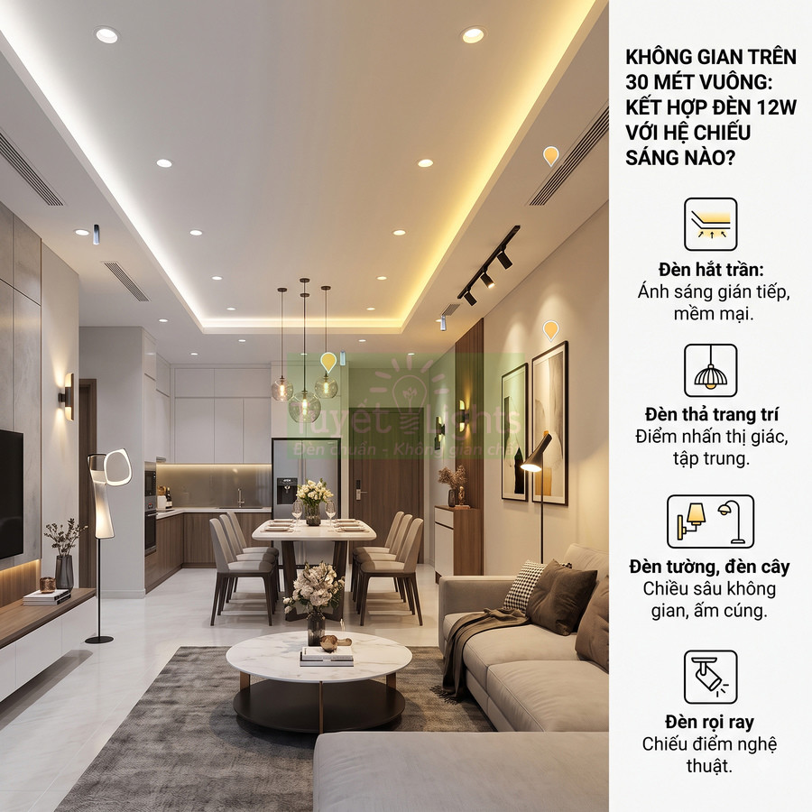 Phòng khách hiện đại sử dụng hệ thống đèn âm trần, đèn thả, đèn tường và đèn rọi ray tạo ánh sáng ấm áp