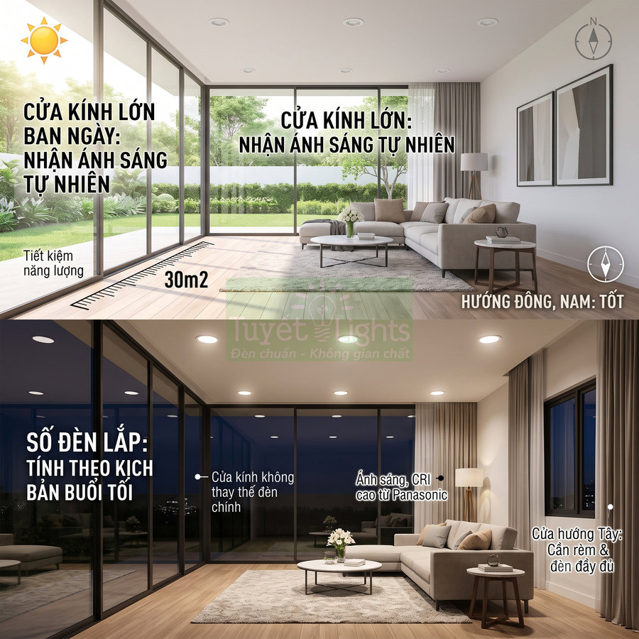 Phòng khách hiện đại với cửa kính lớn và hệ thống đèn âm trần Panasonic chiếu sáng ban ngày và ban đêm