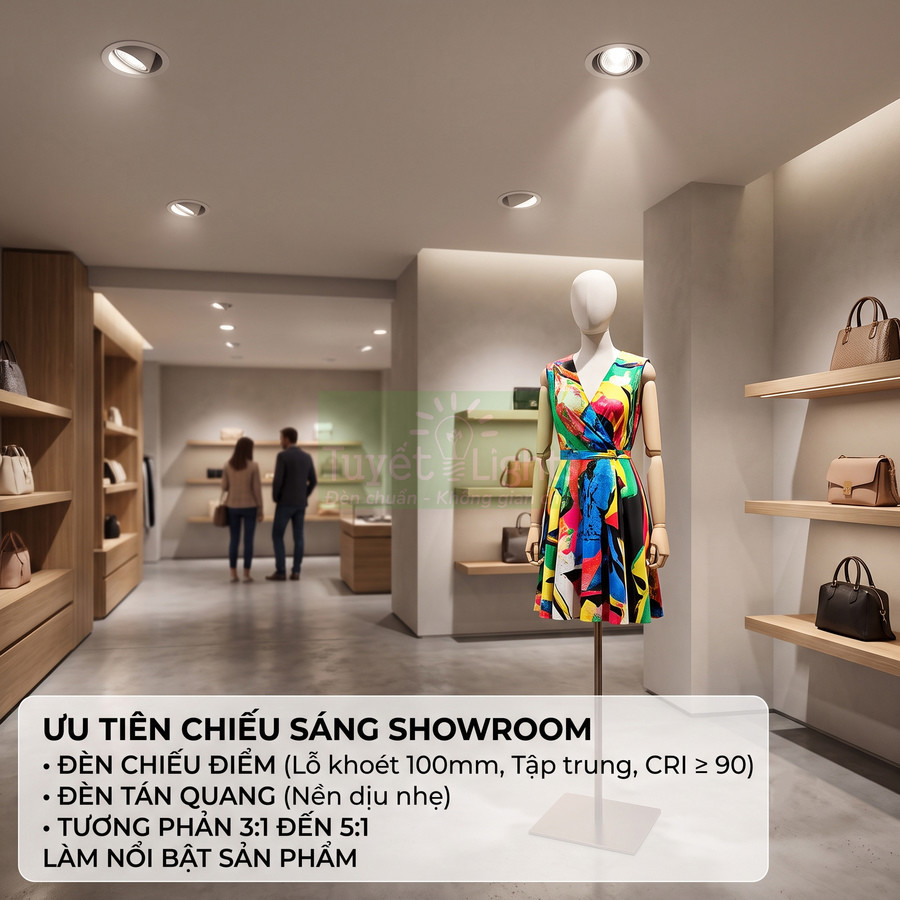 Đèn chiếu điểm âm trần làm nổi bật ma nơ canh mặc váy nhiều màu trong showroom túi xách