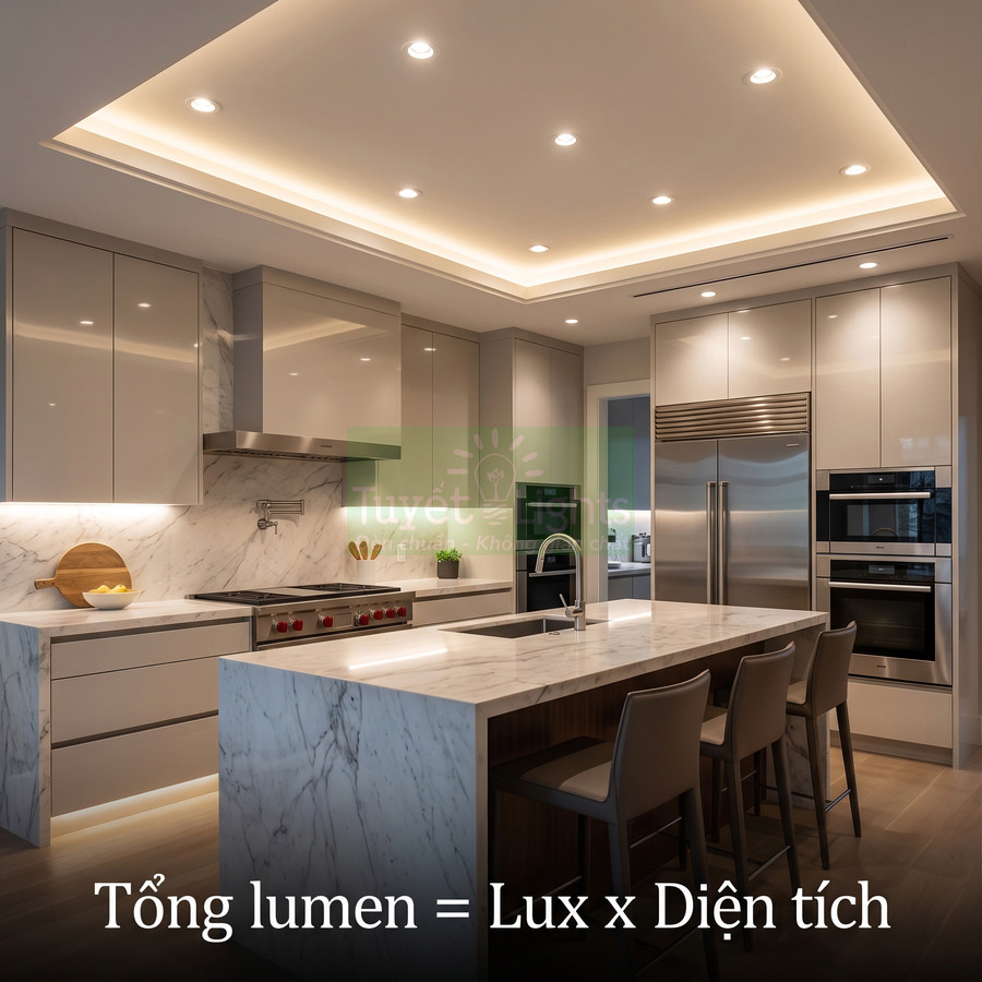 Hệ thống đèn LED âm trần chiếu sáng phòng bếp hiện đại với đảo bếp mặt đá marble
