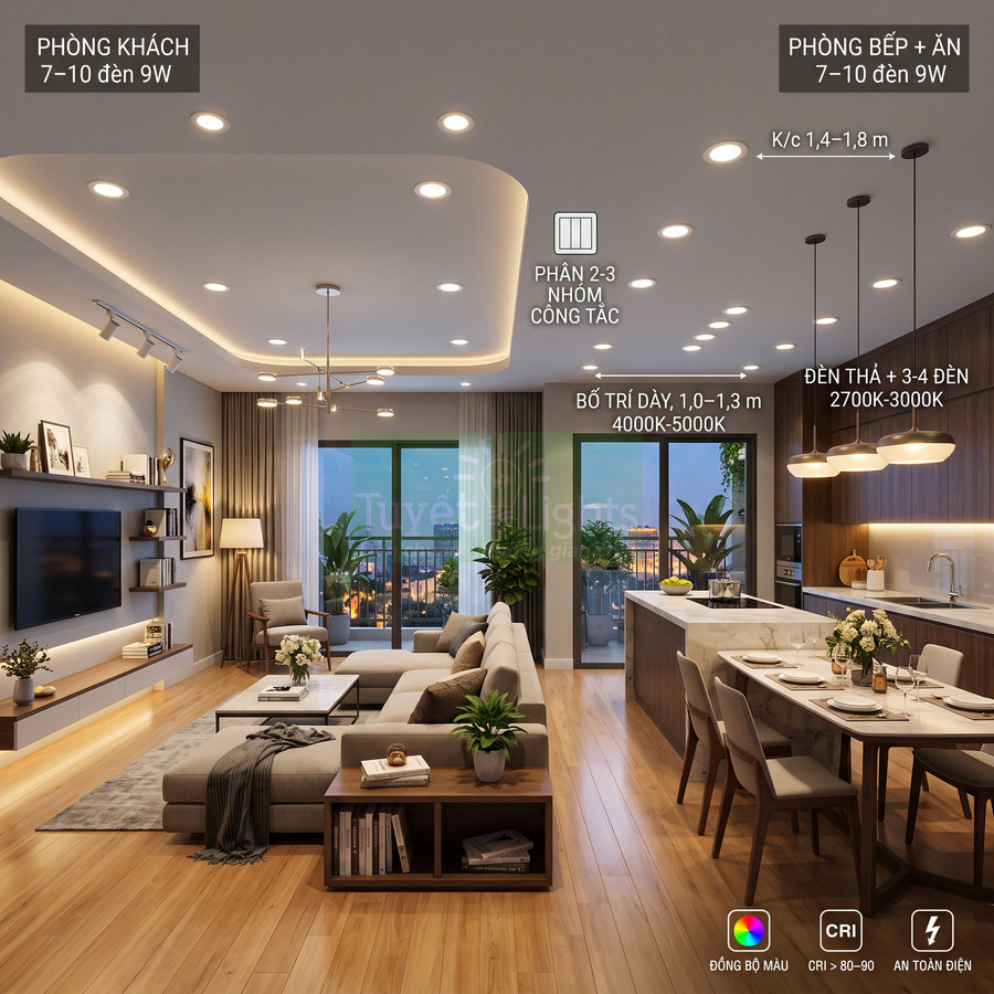 Phòng khách liền bếp hiện đại với hệ thống đèn LED âm trần và đèn thả chiếu sáng không gian sang trọng