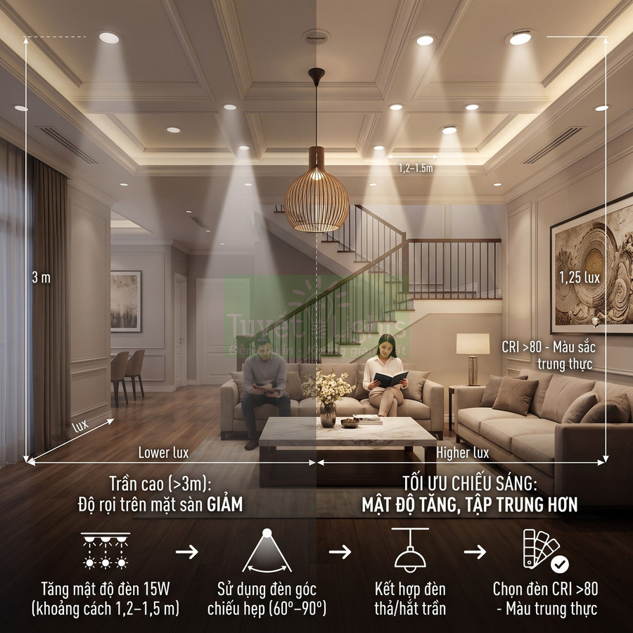 Phòng khách hiện đại với hệ thống đèn LED âm trần và đèn thả tối ưu chiếu sáng trần cao trên 3m