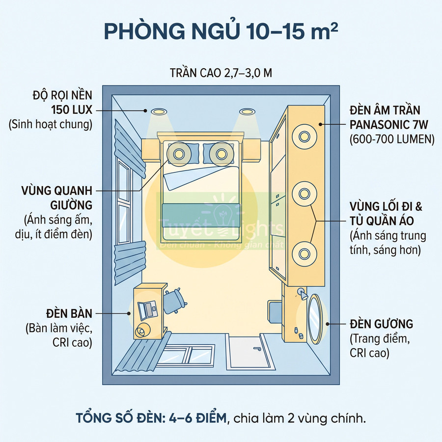 Sơ đồ bố trí đèn Panasonic 7W và đèn bàn, đèn gương cho phòng ngủ 10 đến 15 mét vuông