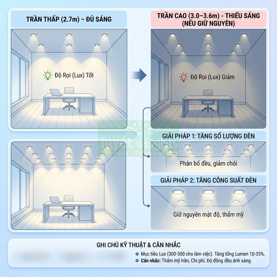 So sánh bố trí đèn âm trần cho trần thấp và trần cao, giải pháp tăng số lượng hoặc công suất đèn chiếu sáng văn phòng
