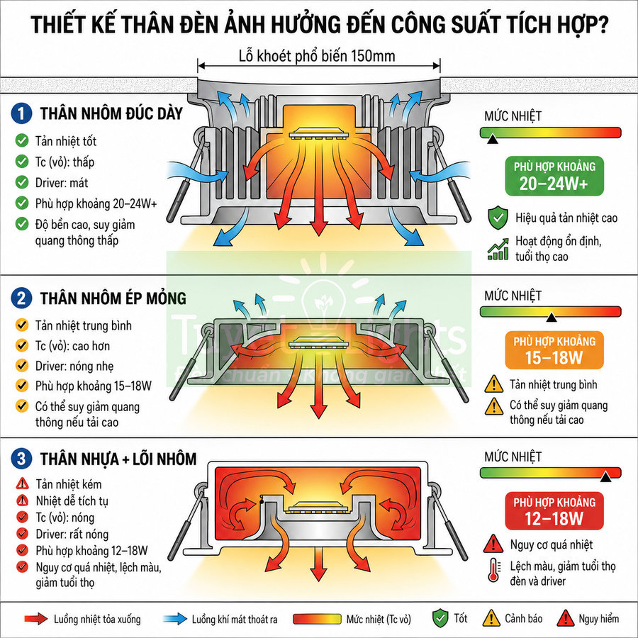 So sánh thiết kế thân đèn LED âm trần nhôm đúc, nhôm ép mỏng và nhựa lõi nhôm theo khả năng tản nhiệt